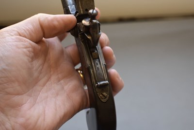 Lot 753 - AN 80-BORE FLINTLOCK TRIPLE-BARRELLED BAYONET POCKET PISTOL