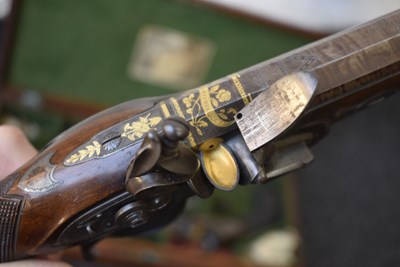 Lot 328 - A FINE QUALITY CASED PAIR OF 22-BORE GOLD INLAID FLINTLOCK DUELLING PISTOLS BY H.W. MORTIMER