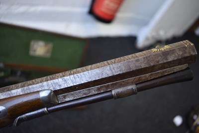 Lot 328 - A FINE QUALITY CASED PAIR OF 22-BORE GOLD INLAID FLINTLOCK DUELLING PISTOLS BY H.W. MORTIMER