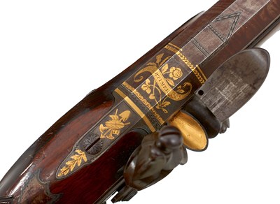 Lot 328 - A FINE QUALITY CASED PAIR OF 22-BORE GOLD INLAID FLINTLOCK DUELLING PISTOLS BY H.W. MORTIMER