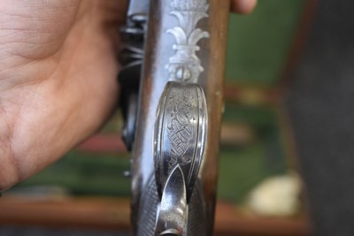 Lot 328 - A FINE QUALITY CASED PAIR OF 22-BORE GOLD INLAID FLINTLOCK DUELLING PISTOLS BY H.W. MORTIMER