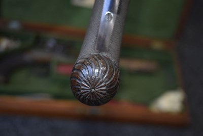 Lot 328 - A FINE QUALITY CASED PAIR OF 22-BORE GOLD INLAID FLINTLOCK DUELLING PISTOLS BY H.W. MORTIMER