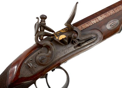 Lot 328 - A FINE QUALITY CASED PAIR OF 22-BORE GOLD INLAID FLINTLOCK DUELLING PISTOLS BY H.W. MORTIMER