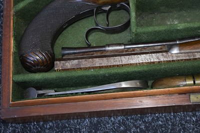 Lot 328 - A FINE QUALITY CASED PAIR OF 22-BORE GOLD INLAID FLINTLOCK DUELLING PISTOLS BY H.W. MORTIMER