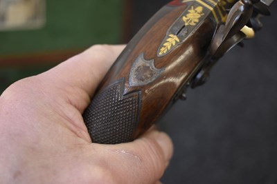 Lot 328 - A FINE QUALITY CASED PAIR OF 22-BORE GOLD INLAID FLINTLOCK DUELLING PISTOLS BY H.W. MORTIMER