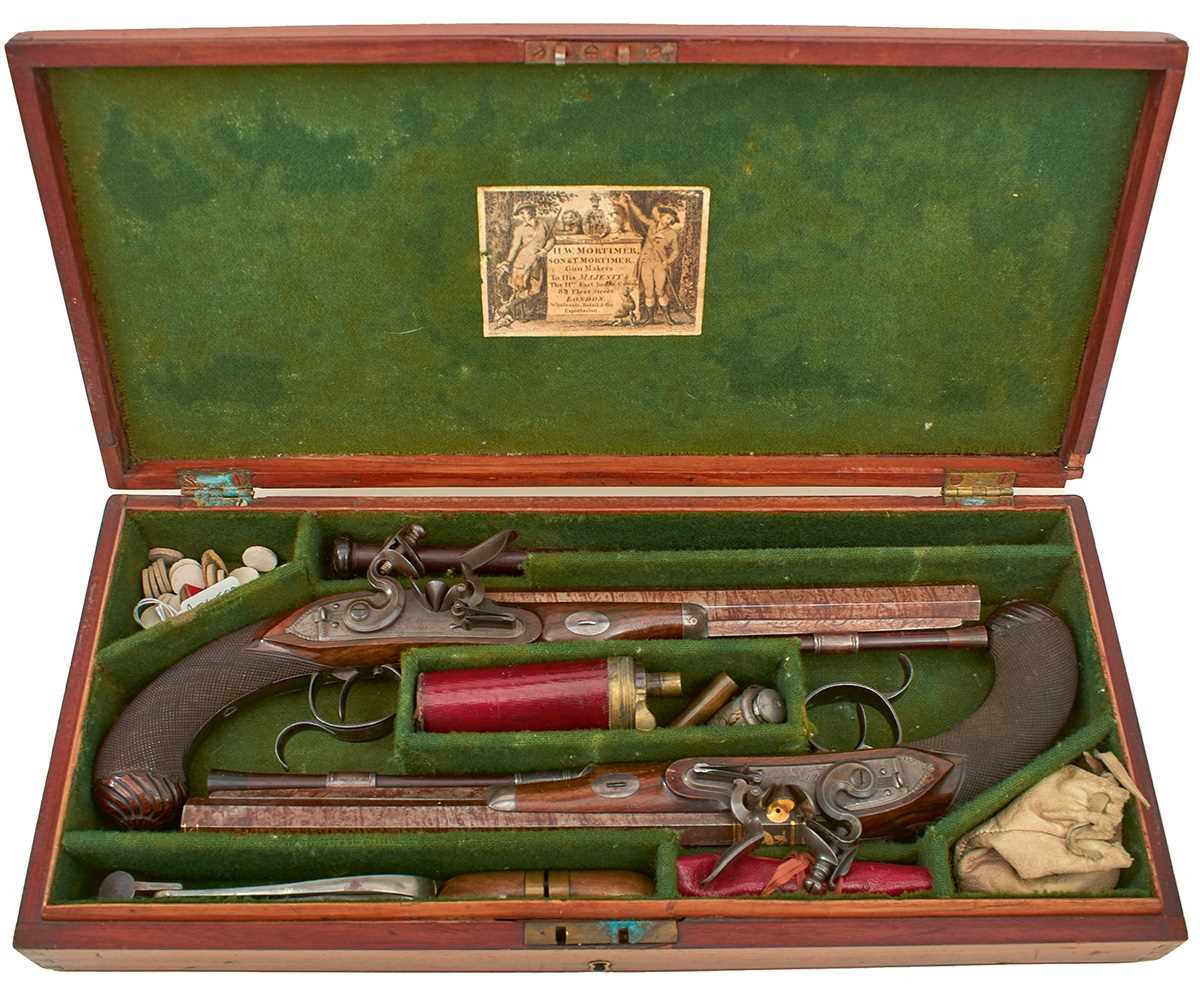 Lot 328 - A FINE QUALITY CASED PAIR OF 22-BORE GOLD INLAID FLINTLOCK DUELLING PISTOLS BY H.W. MORTIMER