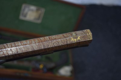 Lot 328 - A FINE QUALITY CASED PAIR OF 22-BORE GOLD INLAID FLINTLOCK DUELLING PISTOLS BY H.W. MORTIMER
