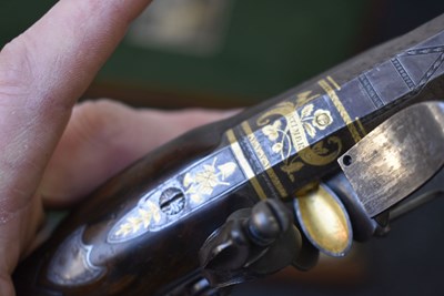 Lot 328 - A FINE QUALITY CASED PAIR OF 22-BORE GOLD INLAID FLINTLOCK DUELLING PISTOLS BY H.W. MORTIMER