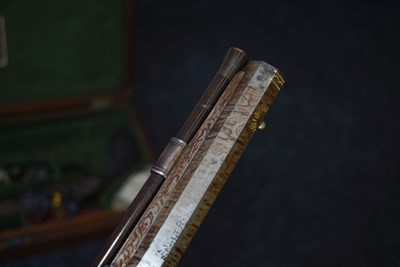 Lot 328 - A FINE QUALITY CASED PAIR OF 22-BORE GOLD INLAID FLINTLOCK DUELLING PISTOLS BY H.W. MORTIMER