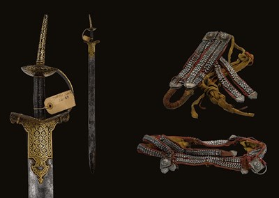 Lot 58 - OF TIPU SULTAN INTEREST - AN IMPORTANT 18TH CENTURY INDIAN FIRANGI OR KHANDA WITH SUSPENSION BELT ENSEMBLE FROM SERINGAPATAM