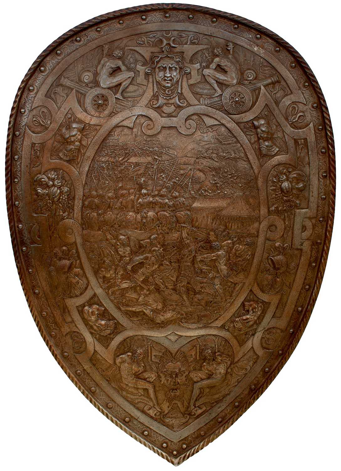 Lot 273 - A 19TH CENTURY BRONZED CAST PARADE SHIELD
