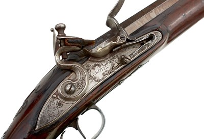 Lot 375 - A SCARCE 12-BORE SILVER MOUNTED FULL STOCKED FLINTLOCK SPORTING GUN BY GRIFFIN