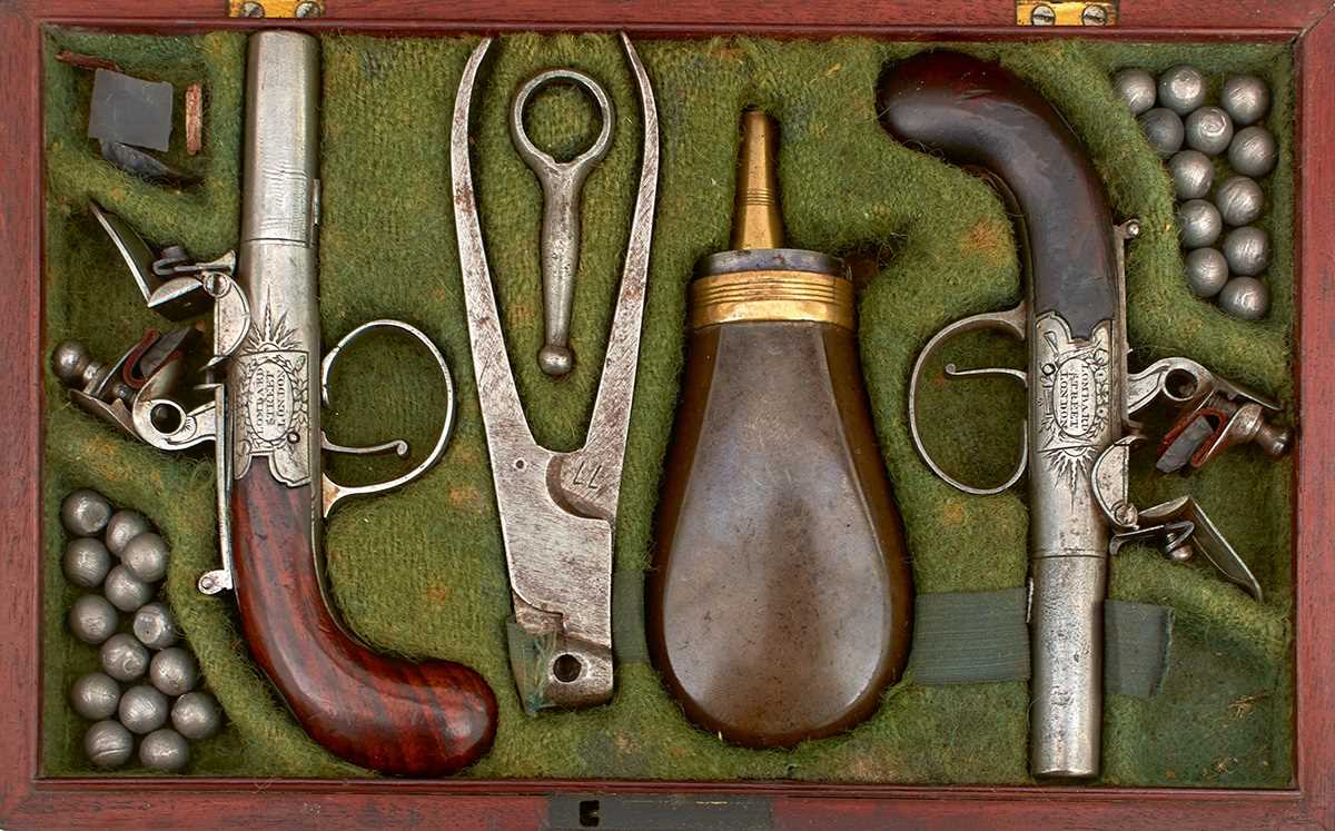 Lot 311 - A SCARCE CASED PAIR OF 77-BORE FLINTLOCK MUFF PISTOLS BY W. BOND