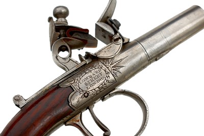 Lot 311 - A SCARCE CASED PAIR OF 77-BORE FLINTLOCK MUFF PISTOLS BY W. BOND