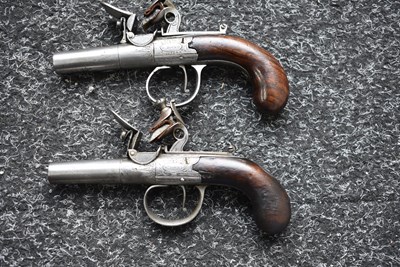 Lot 311 - A SCARCE CASED PAIR OF 77-BORE FLINTLOCK MUFF PISTOLS BY W. BOND