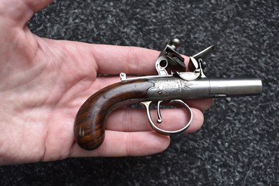 Lot 311 - A SCARCE CASED PAIR OF 77-BORE FLINTLOCK MUFF PISTOLS BY W. BOND