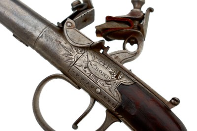 Lot 311 - A SCARCE CASED PAIR OF 77-BORE FLINTLOCK MUFF PISTOLS BY W. BOND