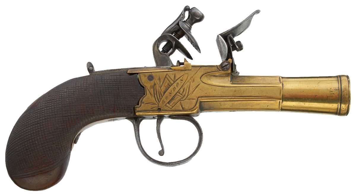 Lot 319 - AN 18-BORE FLINTLOCK BRASS BARRELLED BLUNDERBUSS PISTOL BY NOCK