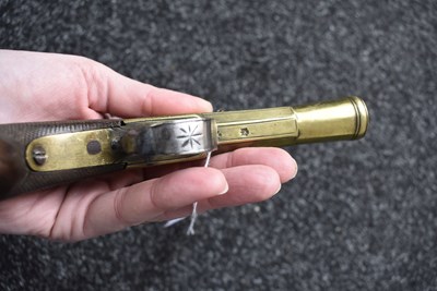 Lot 319 - AN 18-BORE FLINTLOCK BRASS BARRELLED BLUNDERBUSS PISTOL BY NOCK
