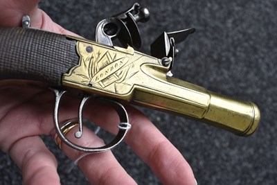 Lot 319 - AN 18-BORE FLINTLOCK BRASS BARRELLED BLUNDERBUSS PISTOL BY NOCK