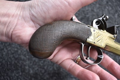 Lot 319 - AN 18-BORE FLINTLOCK BRASS BARRELLED BLUNDERBUSS PISTOL BY NOCK