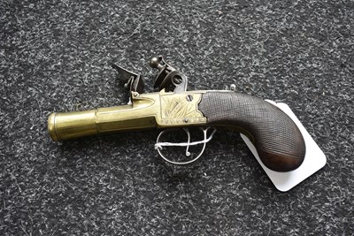 Lot 319 - AN 18-BORE FLINTLOCK BRASS BARRELLED BLUNDERBUSS PISTOL BY NOCK